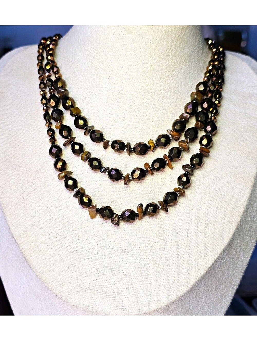 Multi-Strand Faceted Copper Brown Crystal & Tigers Eye Necklace Magnetic Clasp